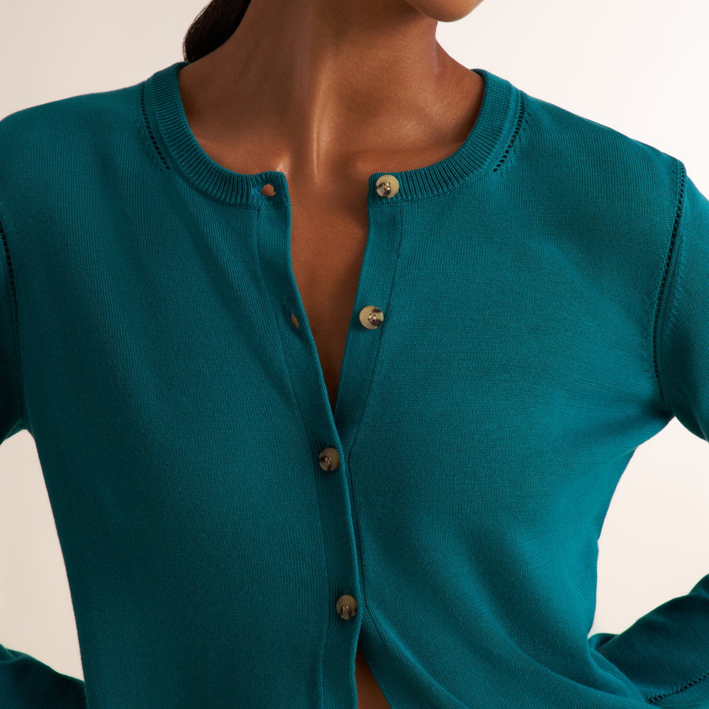 Mel Pointelle Cardigan - Cotton Silk Knit :: Deep Teal