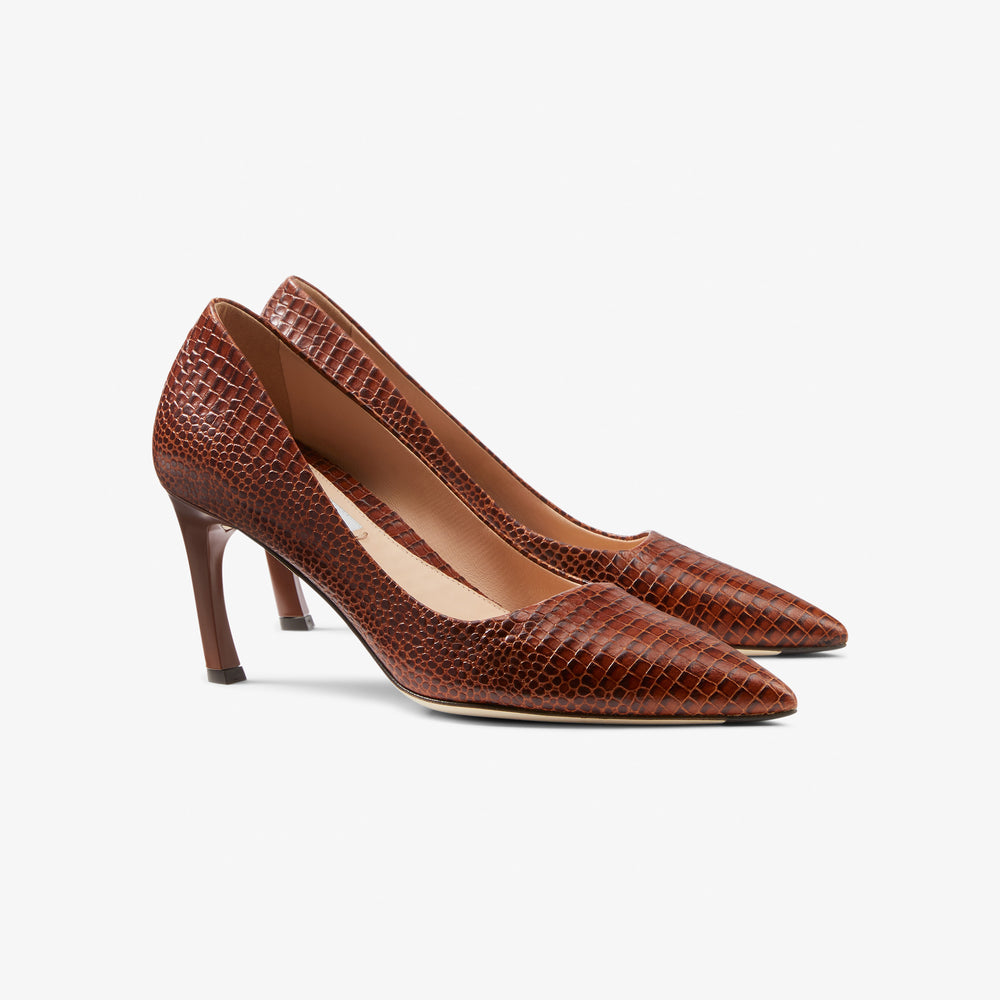 Packshot image of the Ginger pump mini embossed croc in Brown