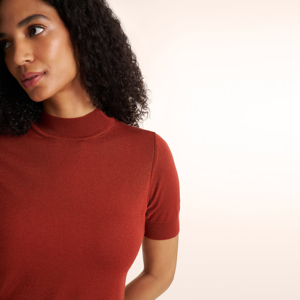 Woman wearing an orange spice color short sleeve sweater with navy wide leg pants