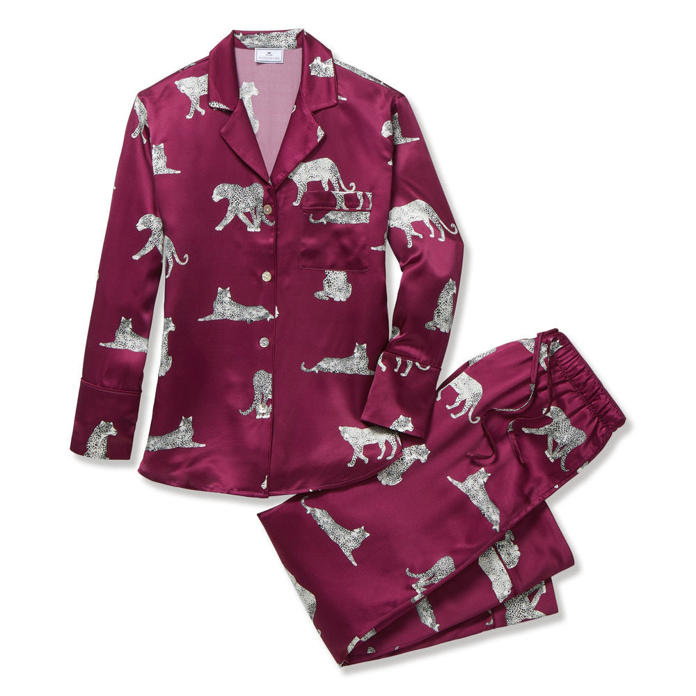 Maroon satin pajama set with animal pattern on a white background