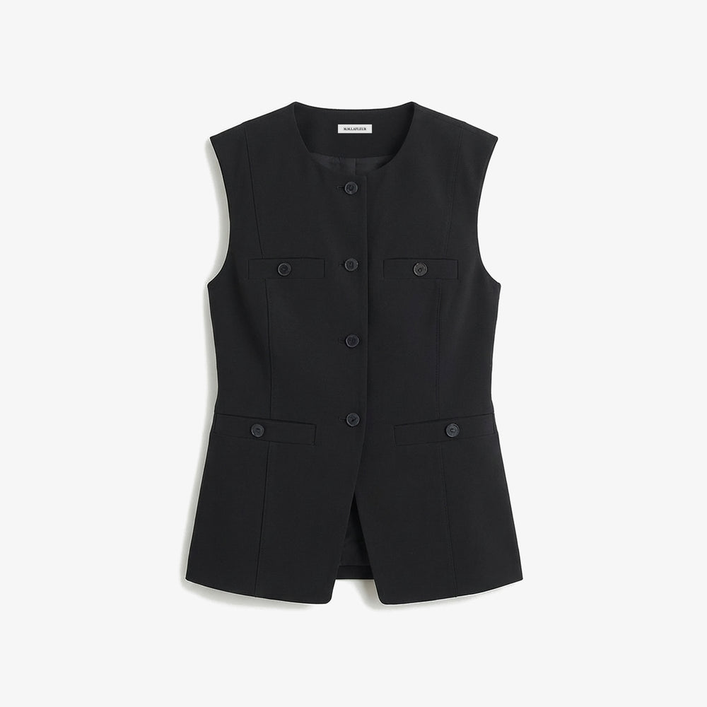 Black vest with button details on a white background