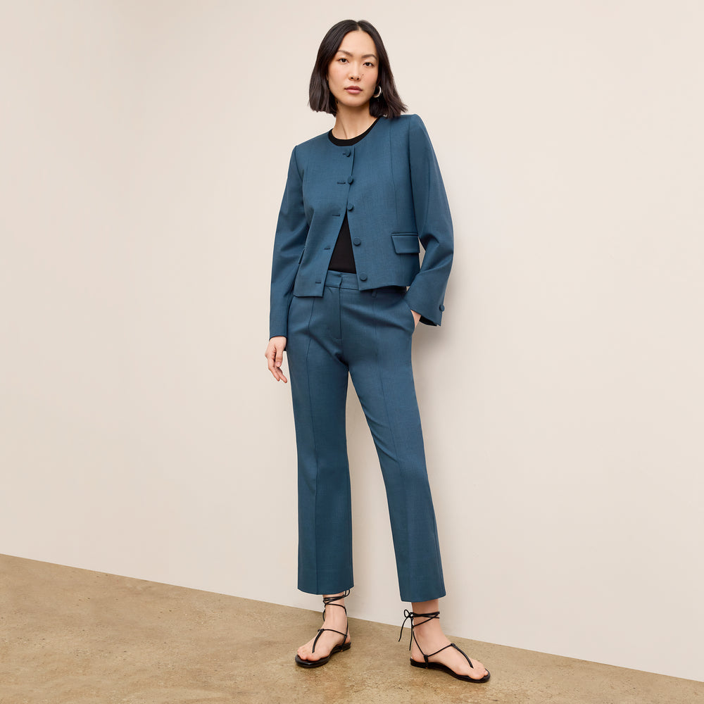front image of a woman wearing the tessa pant in bluebell