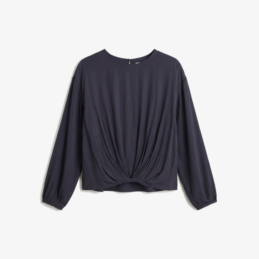 Navy blue long-sleeve top with a knot detail on a white background