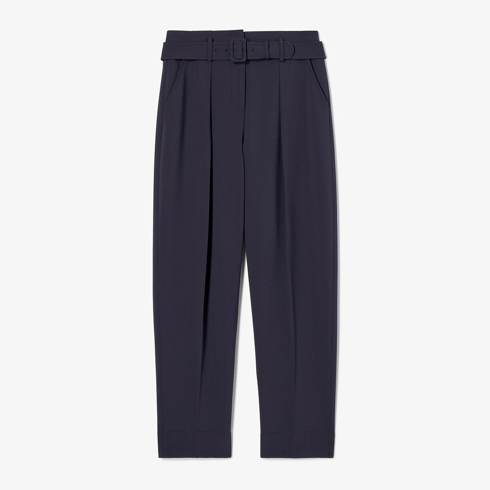 Dark gray pleated pants with a belt on a white background
