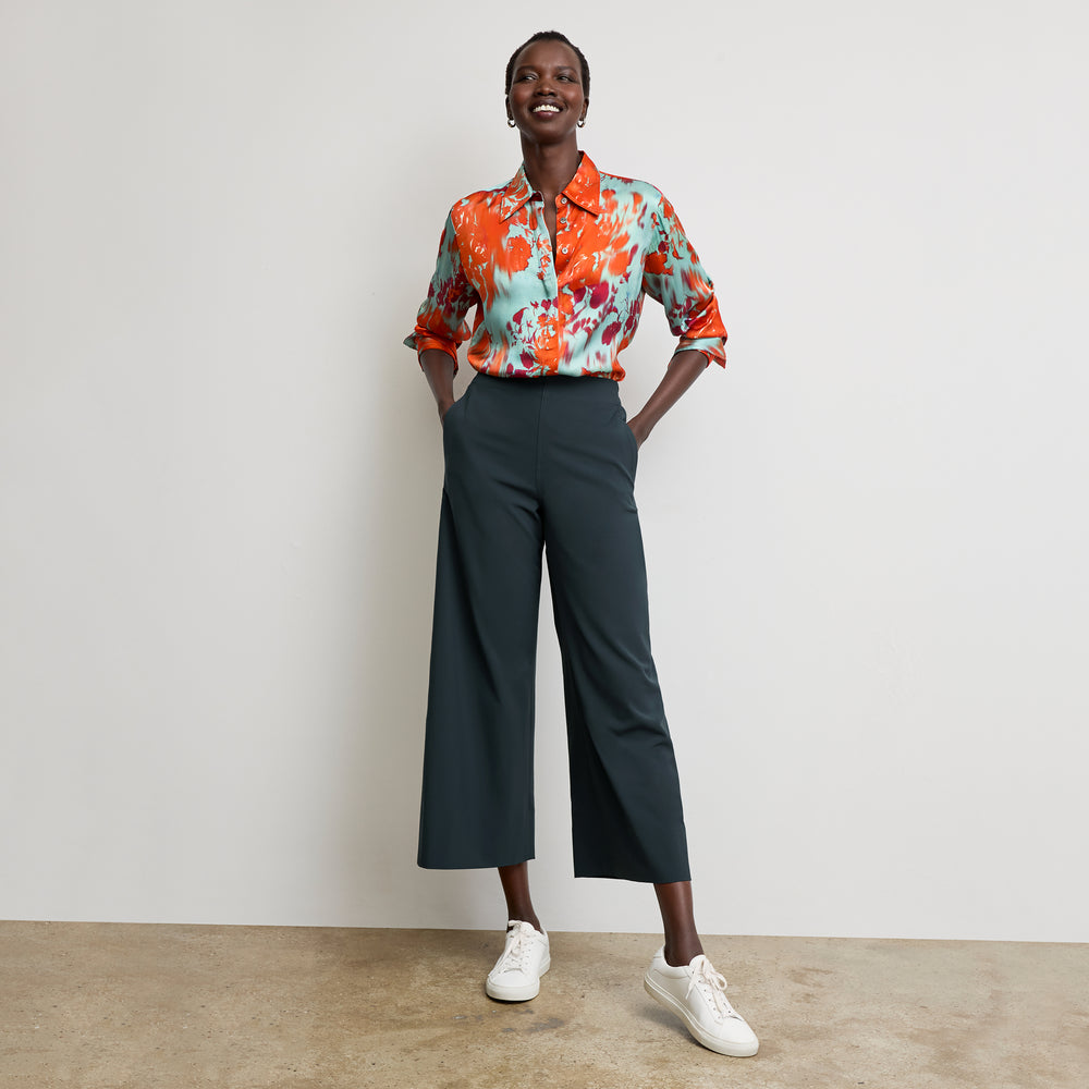 Front image of a woman wearing the Mira Top in Ombre Floral Printed Viscose