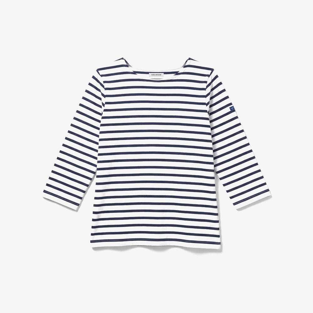 image of white top with blue stripes.