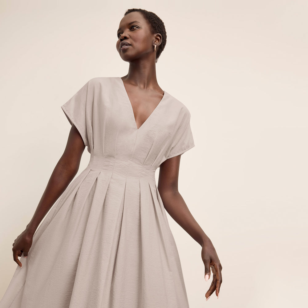 Front image of a woman wearing the Jelina Dress in Quartz Voile