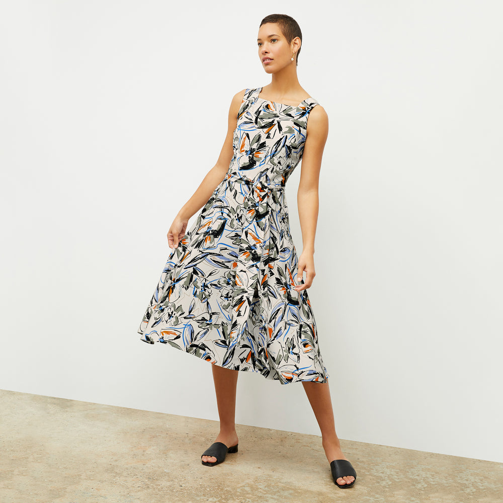 front image of a woman wearing the diemmy dress in sketchbook floral
