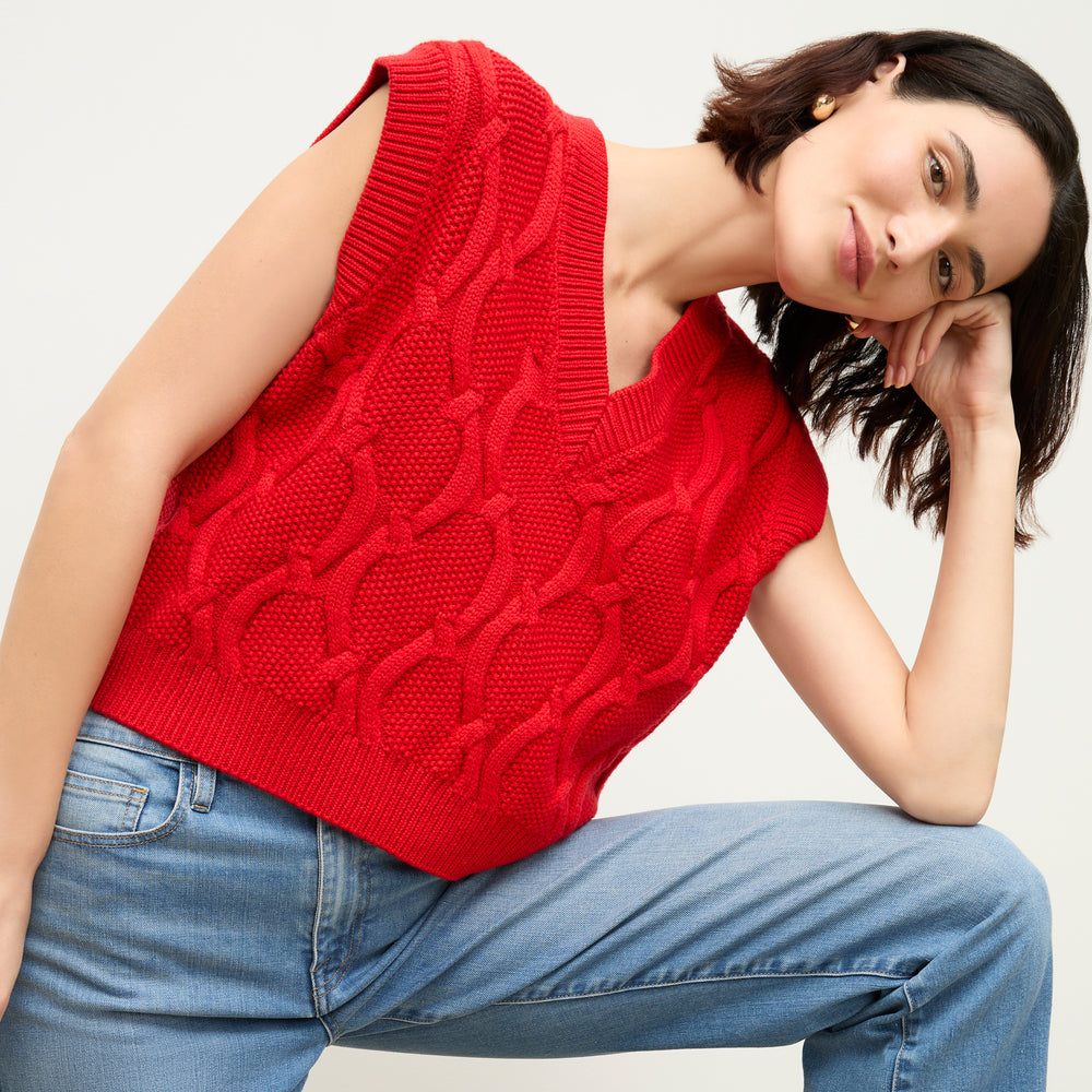 front image of a woman wearing the eloise top in strawberry