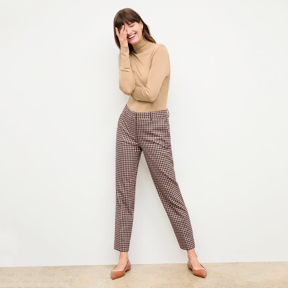 front image of a woman wearing the mejia pant in windowpane