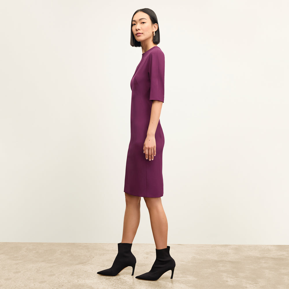 front image of a woman wearing the farnoosh dress in plumberry
