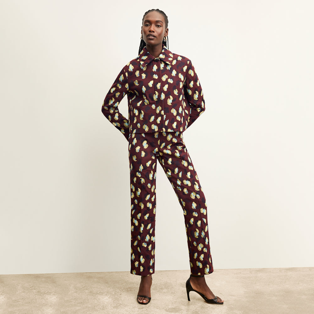 front image of a woman wearing the nicky jacket in bengal jacquard