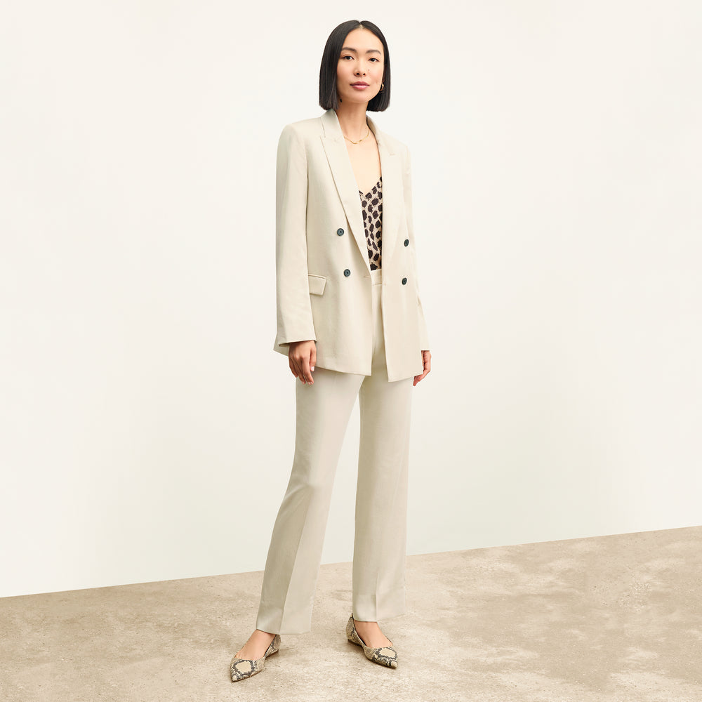 Front image of a woman wearing the o'hara jacket in champagne