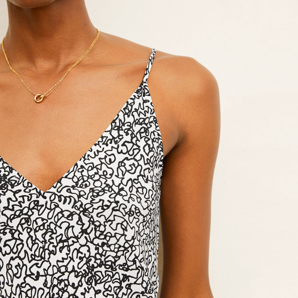 front image of a woman wearing the lisey cami in scribble print