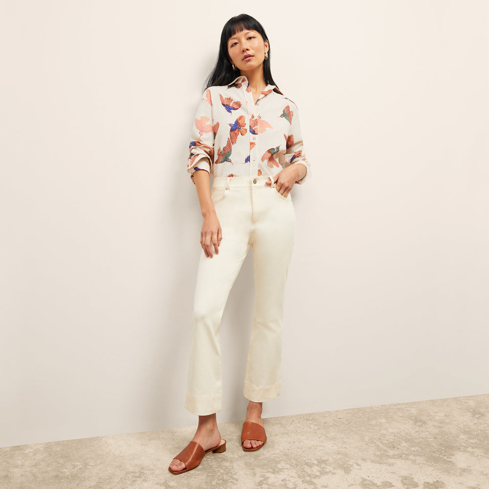 Front image of a woman wearing the Archie Jean in Tusk