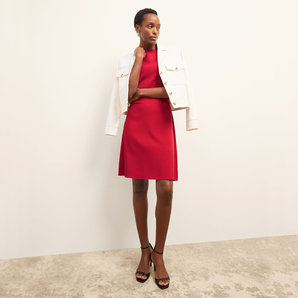front image of a woman wearing the rhoda jacket in tusk