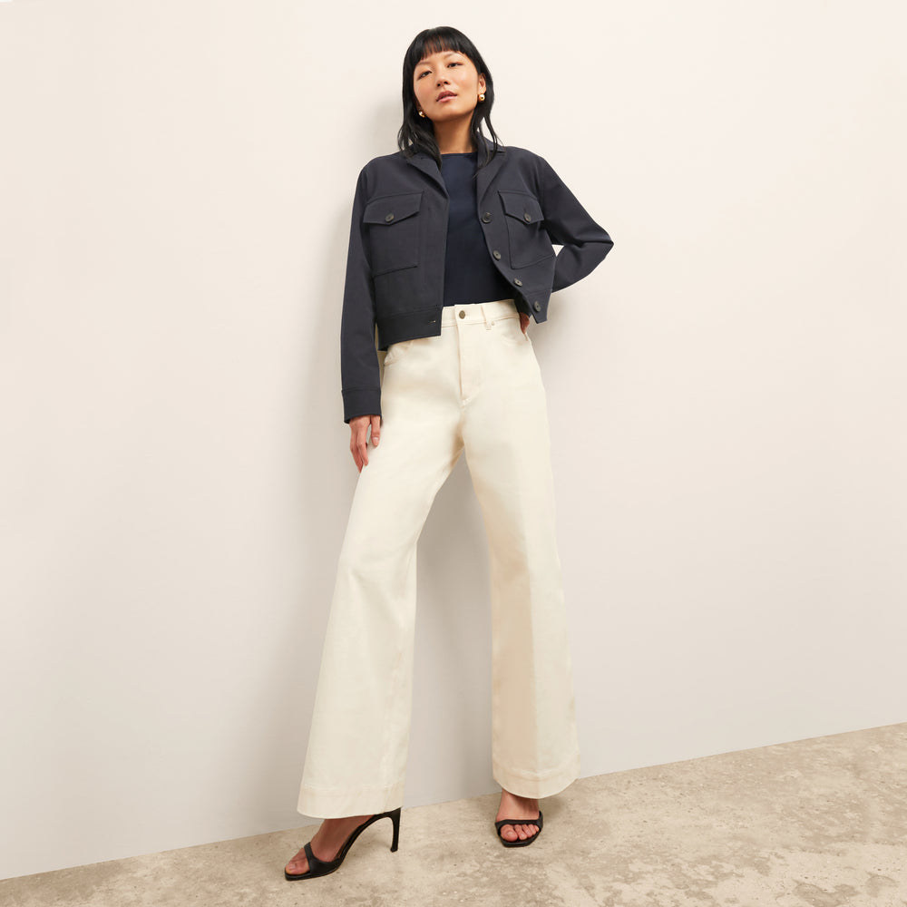 Front image of a woman wearing the Didion Top in Galaxy Blue