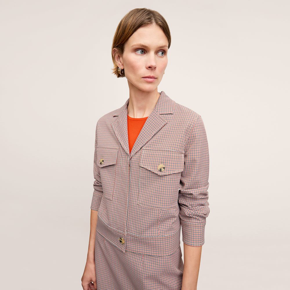 Front image of a woman wearing the Rhoda Jacket in Stretch Twill Mini Check