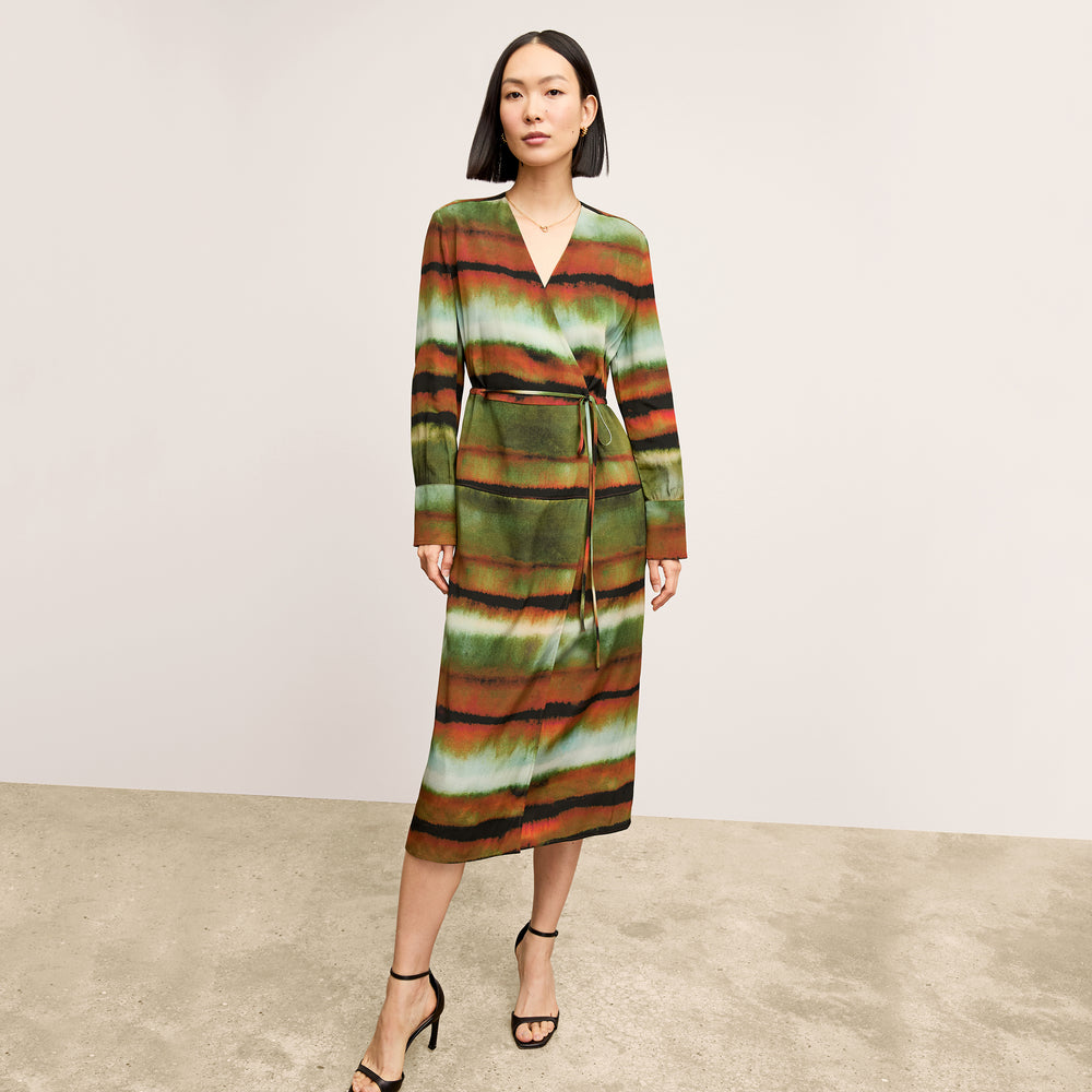 Front image of a woman wearing the Deana dress in Faded Print