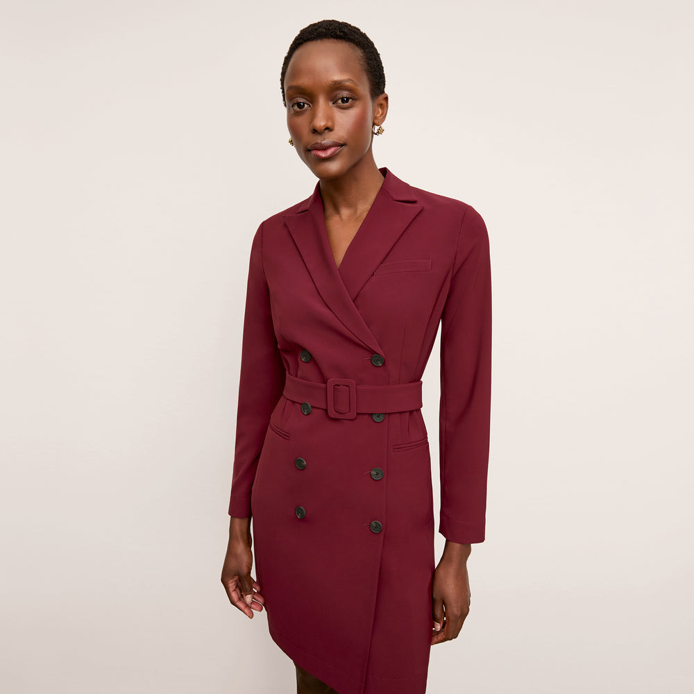Front image of a woman wearing the Gwynne Dress in Berry Jam