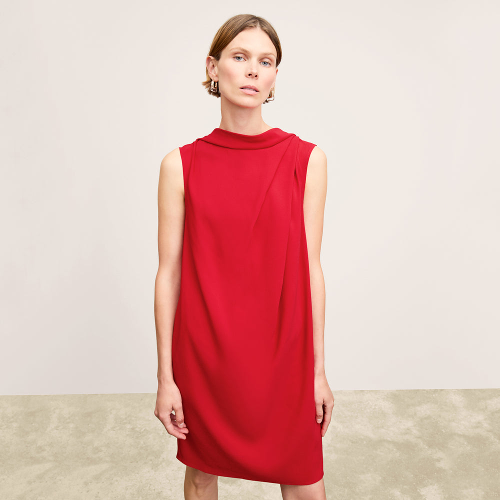 front image of a woman wearing the joslyn dress in maraschino
