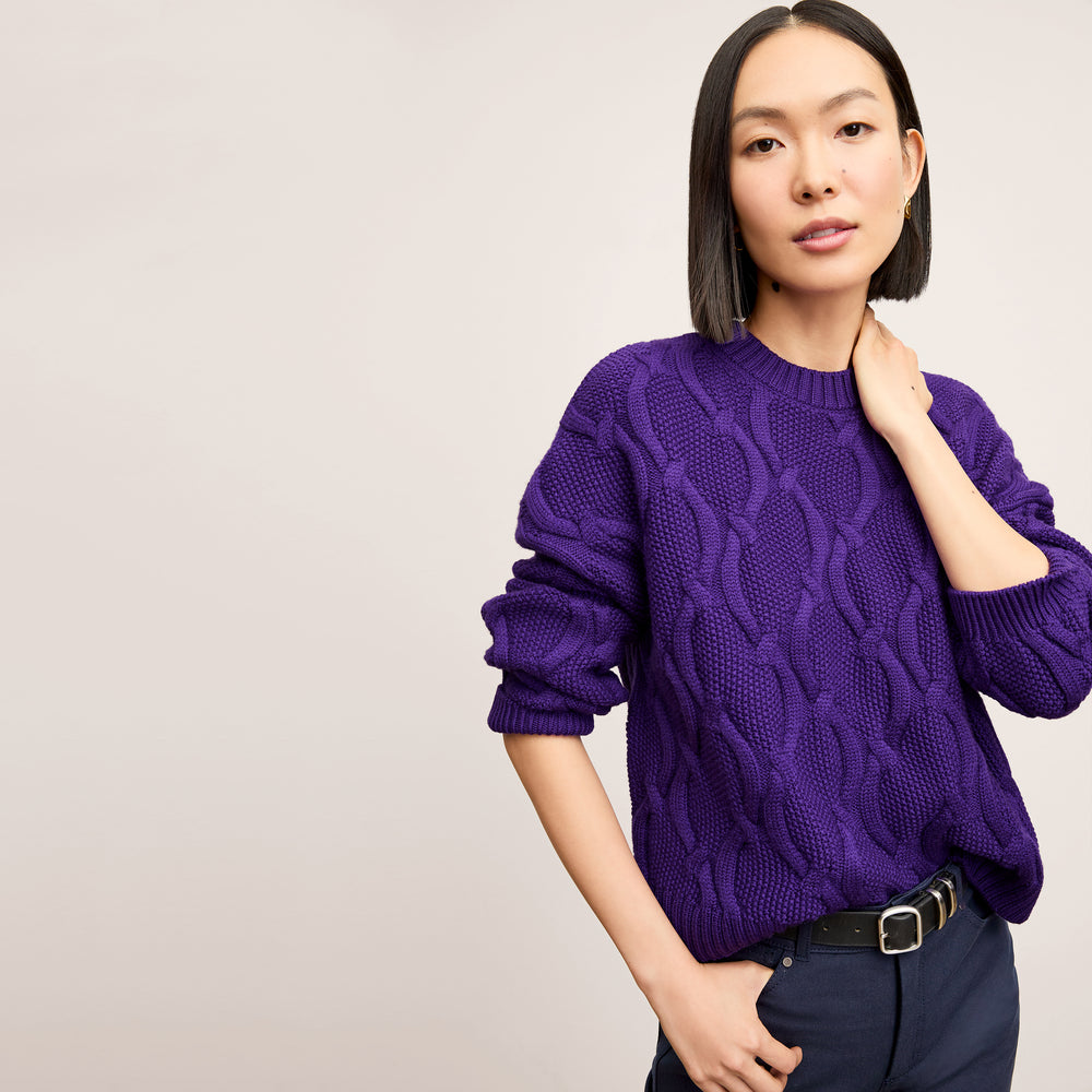 Front image of a woman wearing the Kiki Sweater in Ube