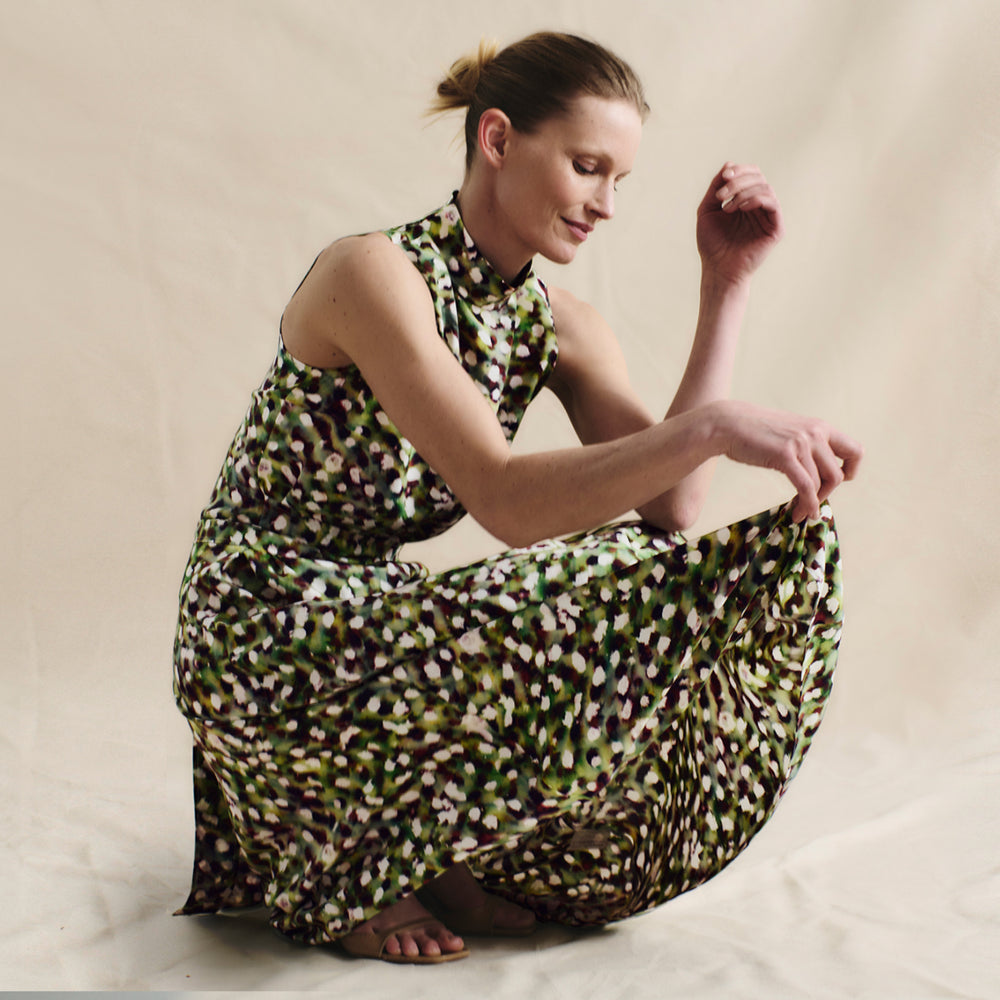 front image of a woman wearing the martina dress in spotlight print