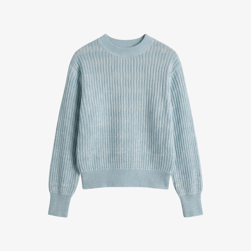 Light blue ribbed sweater on a white background
