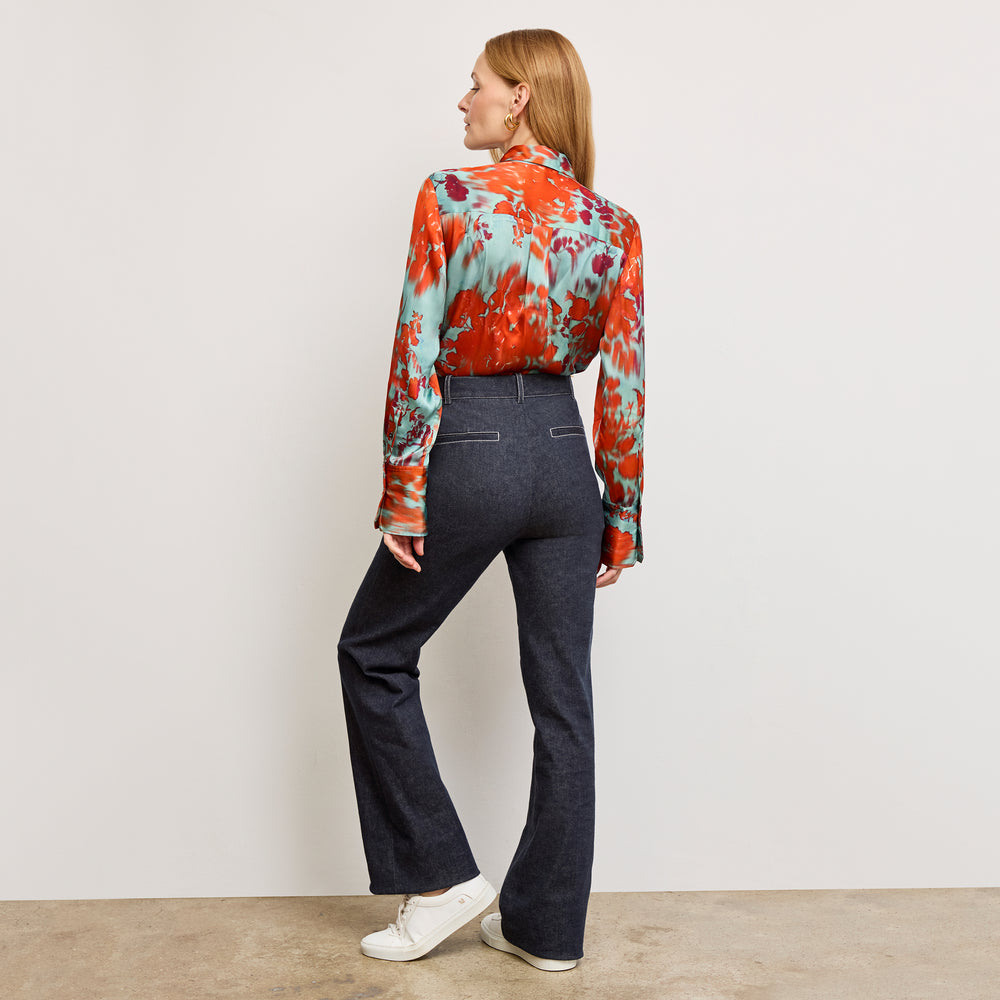 Back image of a woman wearing the Mira Top in Ombre Floral Printed Viscose