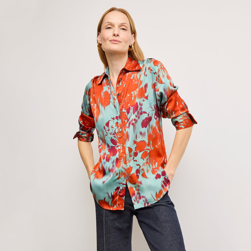 Front image of a woman wearing the Mira Top in Ombre Floral Printed Viscose