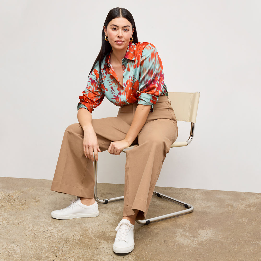 Front image of a woman wearing the Mira Top in Ombre Floral Printed Viscose