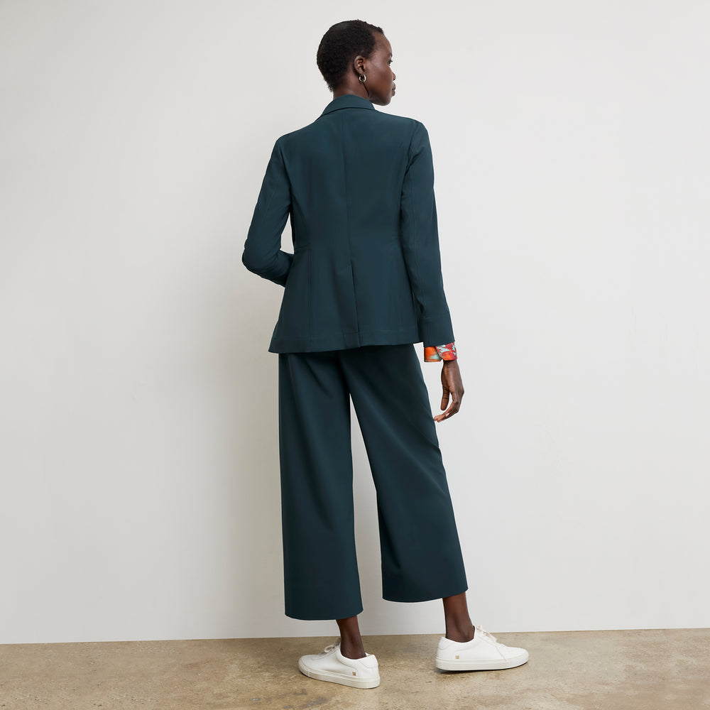 back image of a woman wearing the Moreland Blazer in Prussian Blue