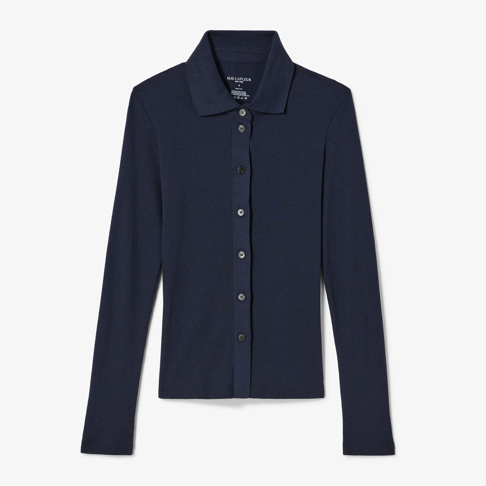 Navy blue button-up shirt on a white background