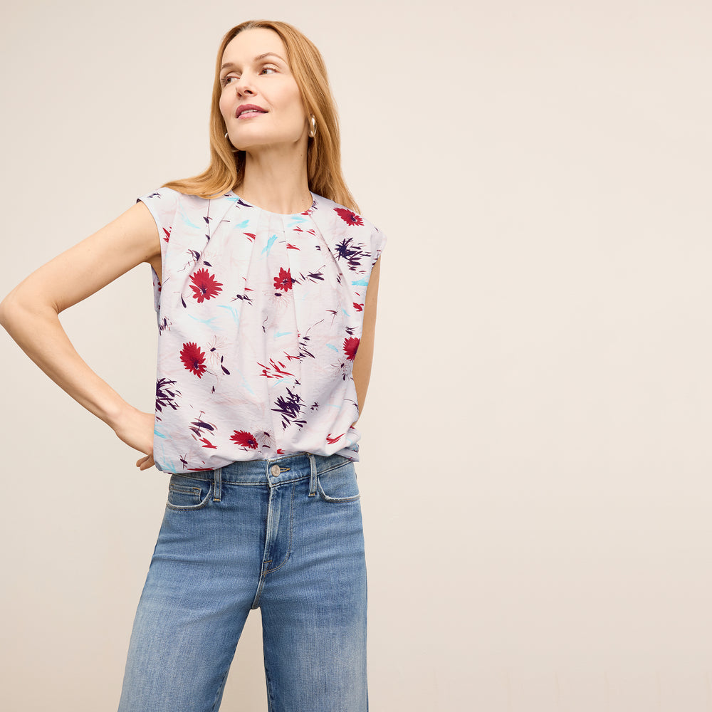 Front image of a woman wearing the Nika Top in Brushed Floral