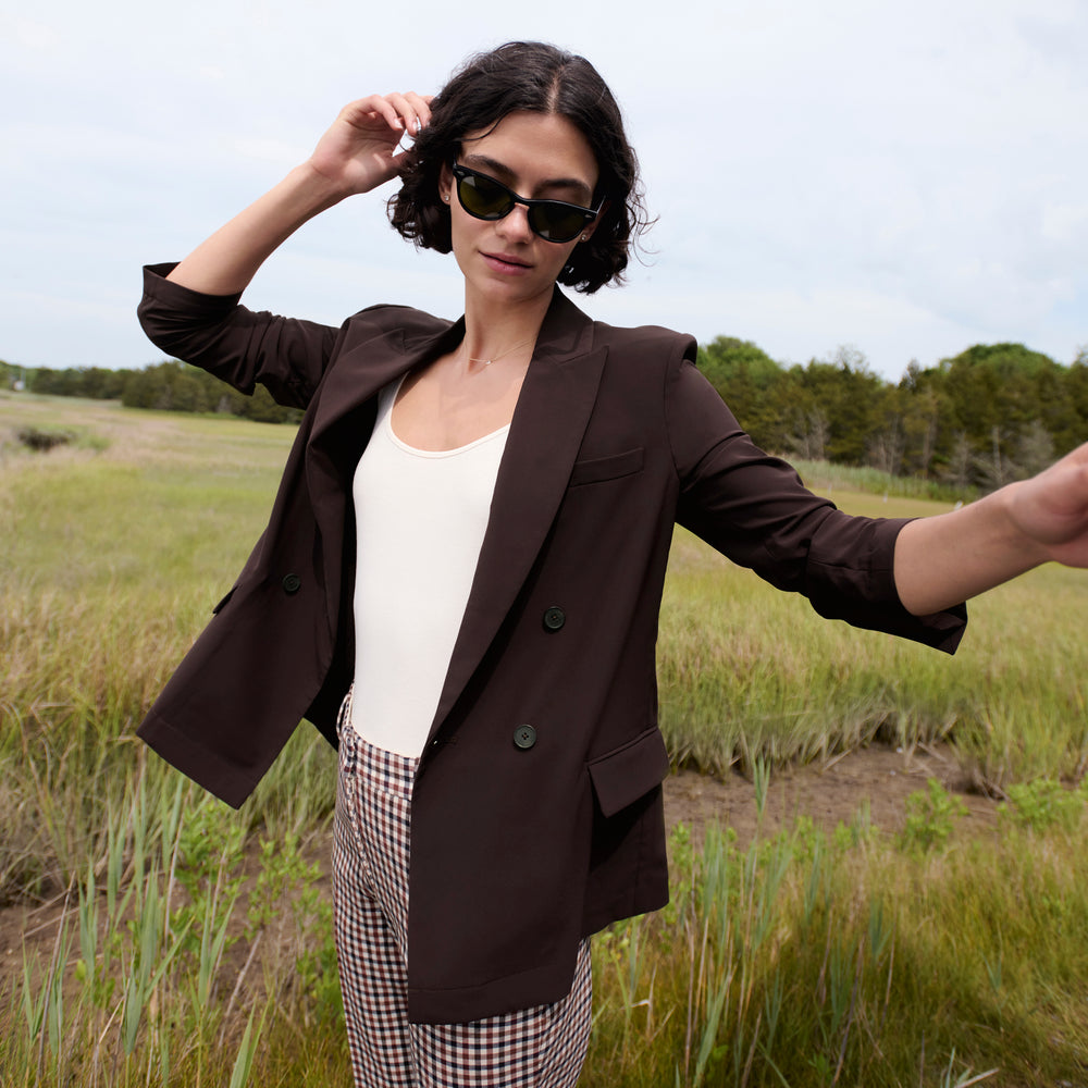 image of a woman wearing the mejia pant in windowpane