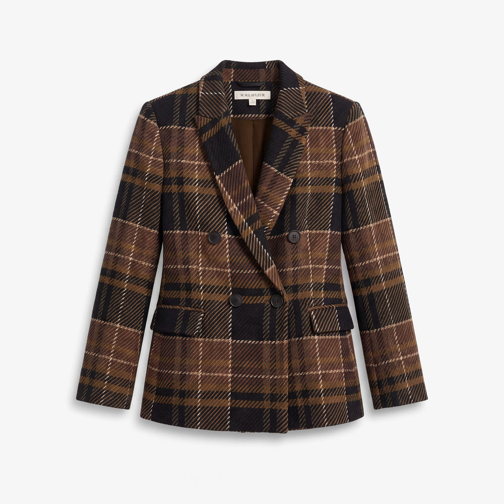 A double-breasted plaid blazer in brown, black, and beige, shown flat against a light gray background.