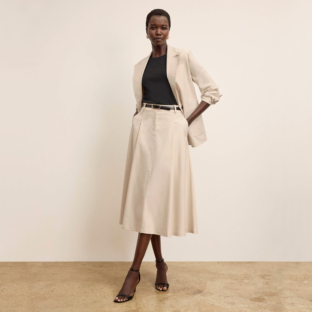 front image of a woman wearing the olia skirt in natural