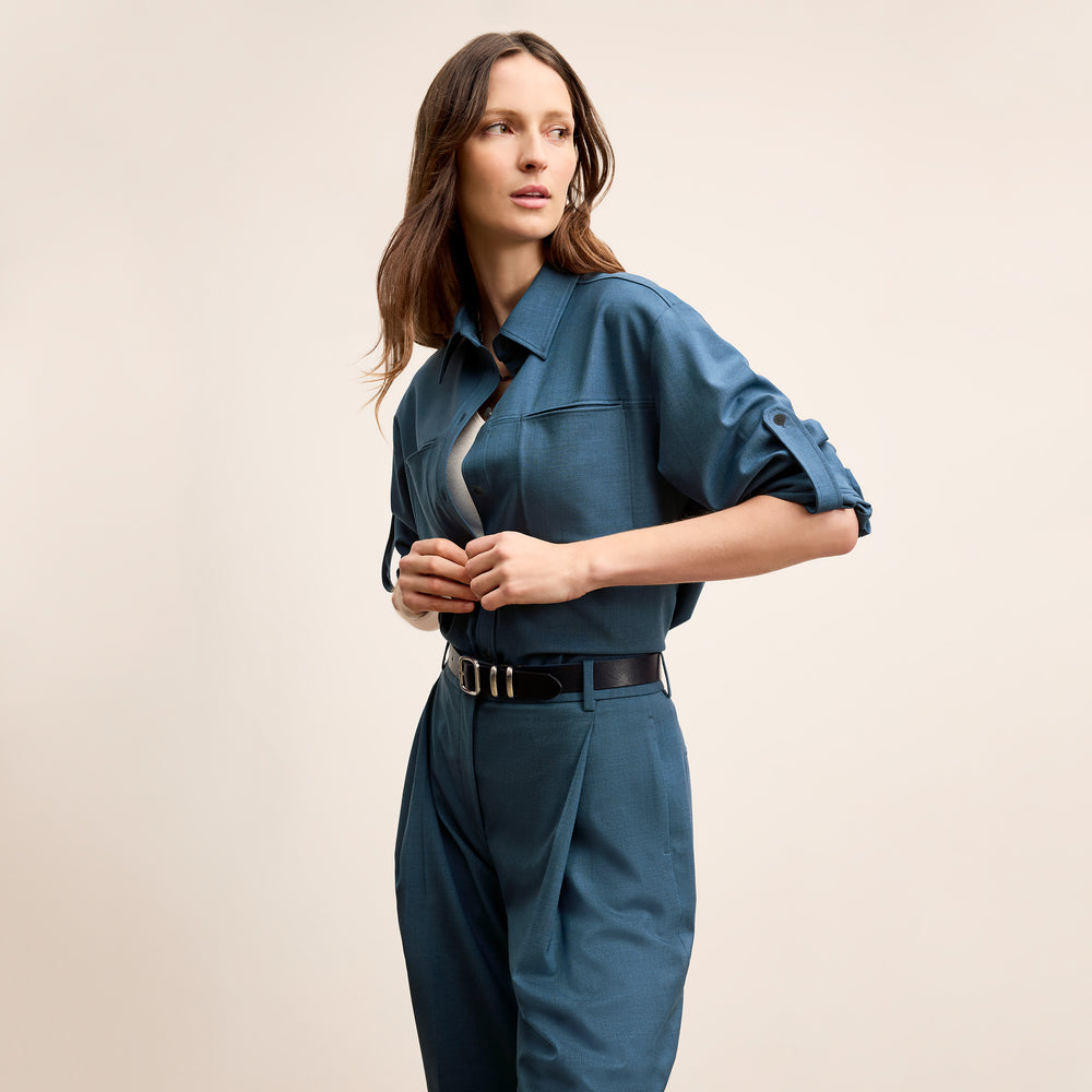 front image of a woman wearing the russell top in bluebell