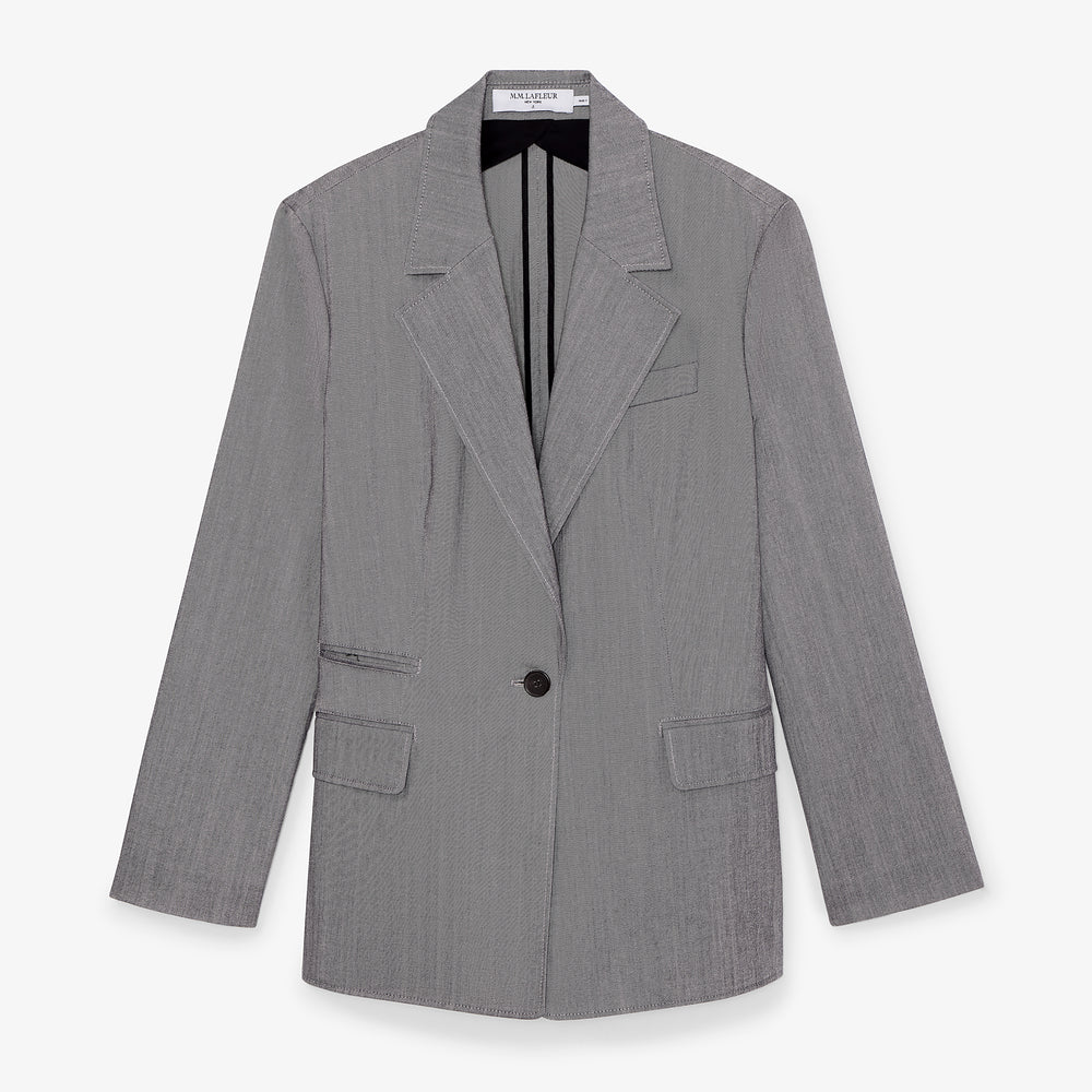 Gray blazer with a single button on a white background