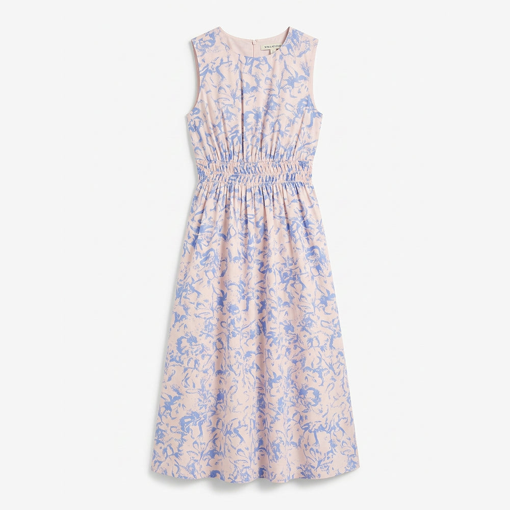 Floral dress with blue and pink pattern on a white background