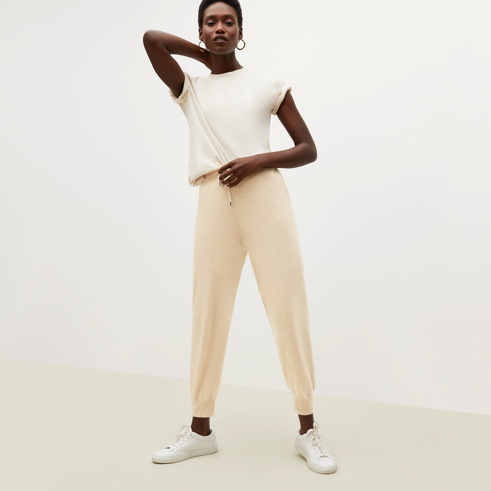 Front image of a woman standing wearing the Keely Jogger—Cashmere in Turbinado