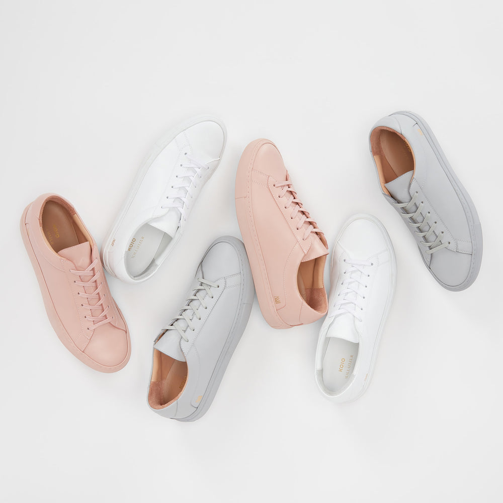 stills of koio shoes in white, azalea and smoke