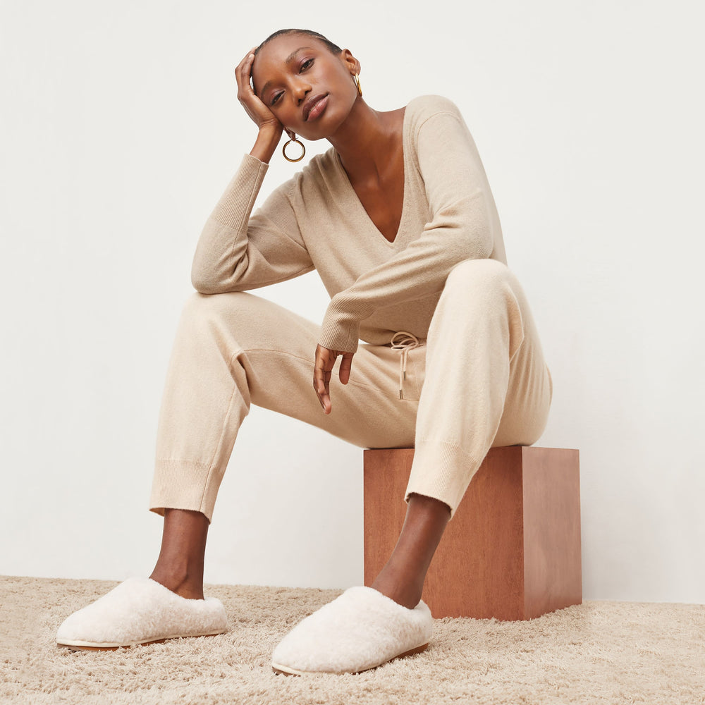 Front image of a woman standing wearing the Keely Jogger—Cashmere in Turbinado