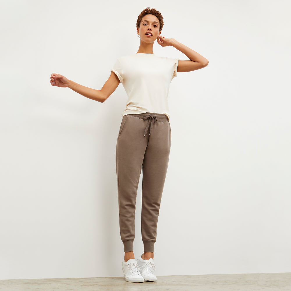 Front image of a woman wearing the Joni Jogger - French Terry in Mink