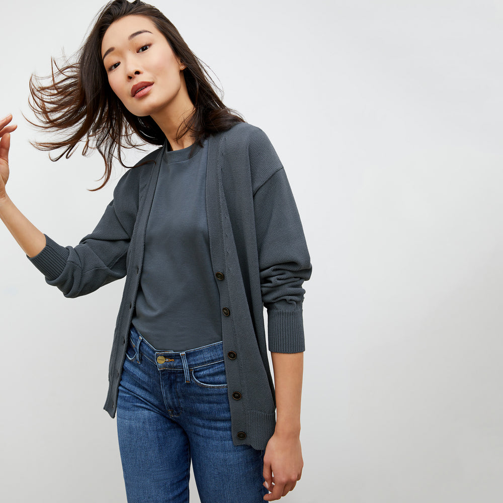 Front image of a woman wearing the Leslie T-Shirt - Pima Cotton in Dusty Indigo