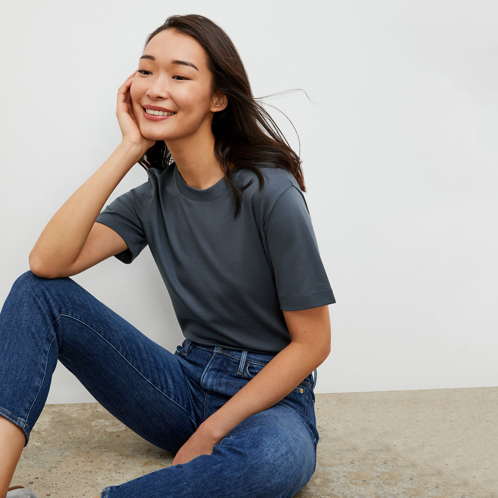 Front image of a woman wearing the Leslie T-Shirt - Pima Cotton in Dusty Indigo