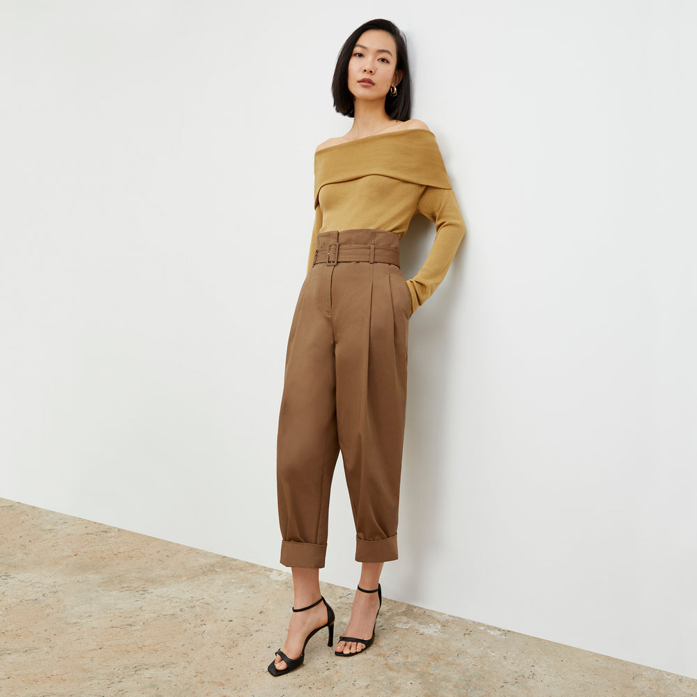 Side image of a woman wearing the Talulah Pant in Sepia