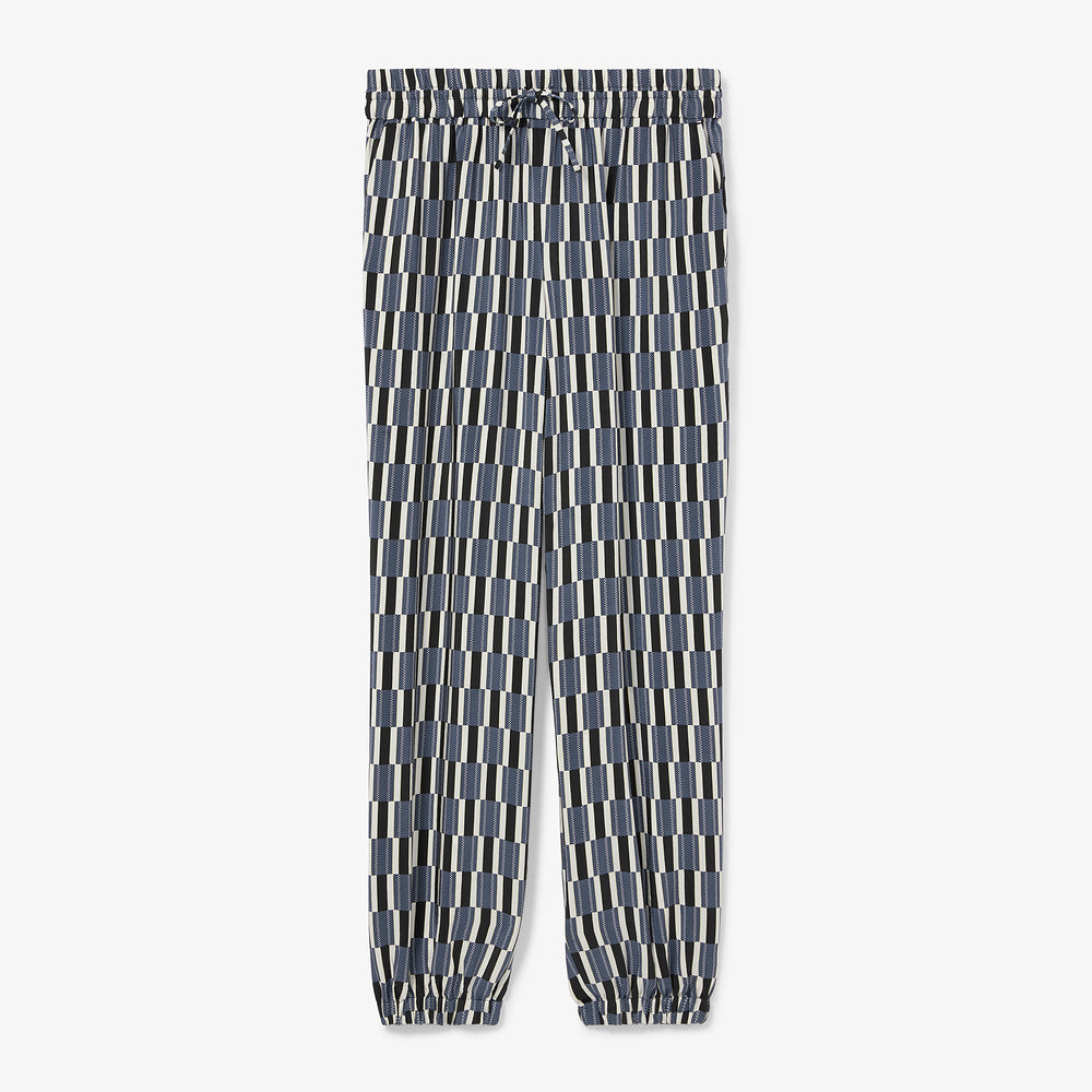 Packshot image of the Amelia Jogger - Arpeggio Print Washable Silk in Blue / Black