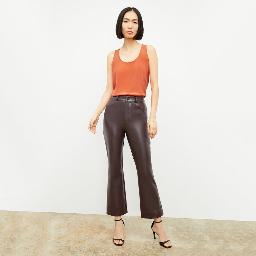 Front image of a woman wearing the archie pant in brown