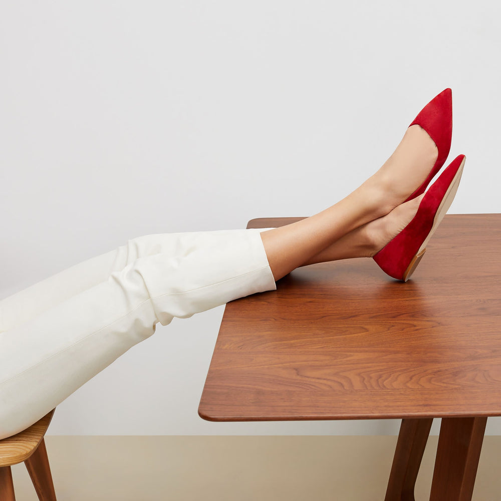 woman wearing rowan flat suede cherry